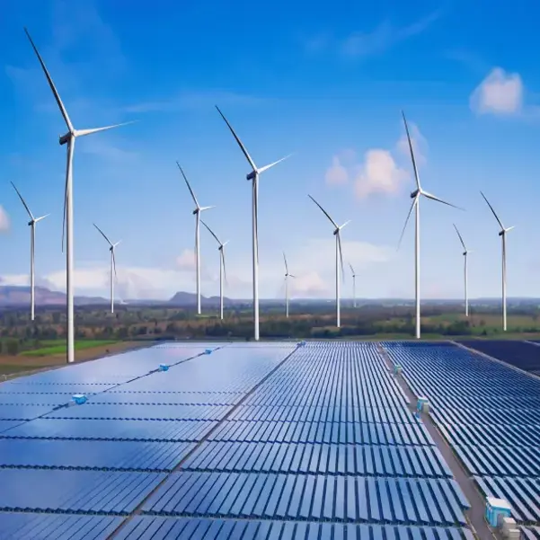 Solar panel and wind turbine farm clean sustainable energy